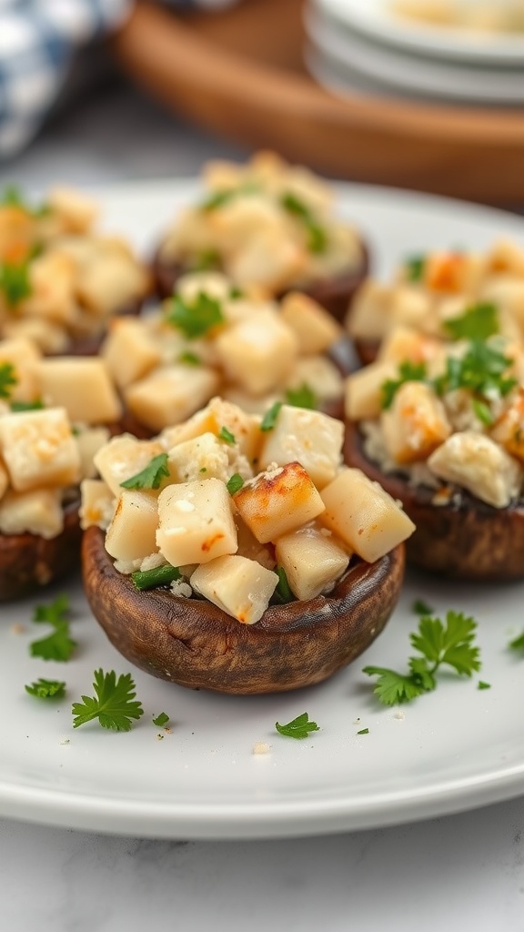 Seafood stuffed mushrooms on a white plate garnished with parsley