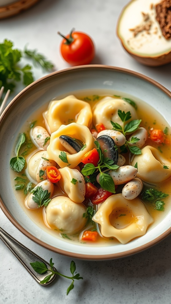 A bowl of Seafood Tortellini in Broth garnished with herbs and tomatoes.
