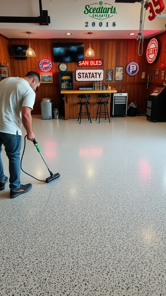 Person cleaning a shiny epoxy floor in a rustic garage bar setting.