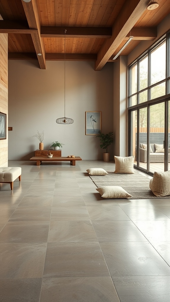 An interior space showcasing rustic cement floors with wooden beams and a warm, minimalist design.