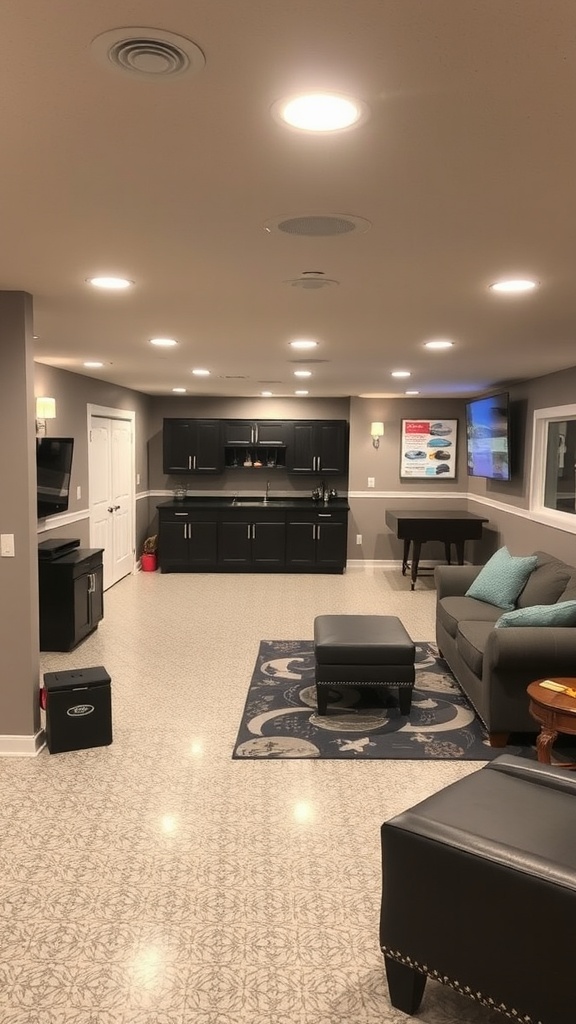 A person applying epoxy sealant on a freshly coated floor in a basement.