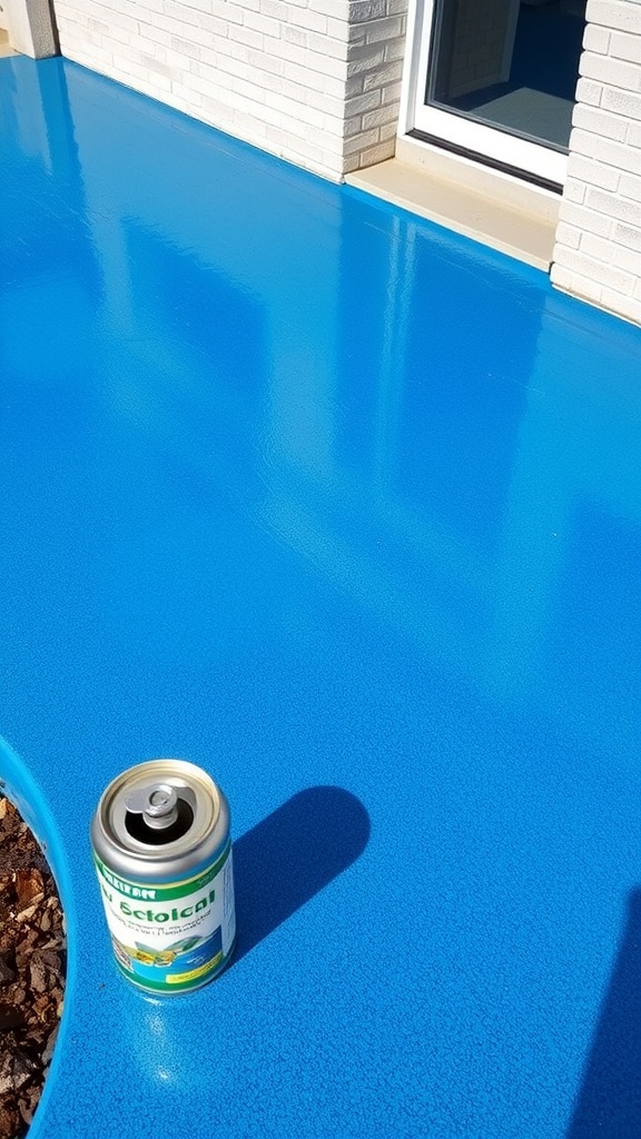 Freshly stained blue concrete surface with a paint can nearby