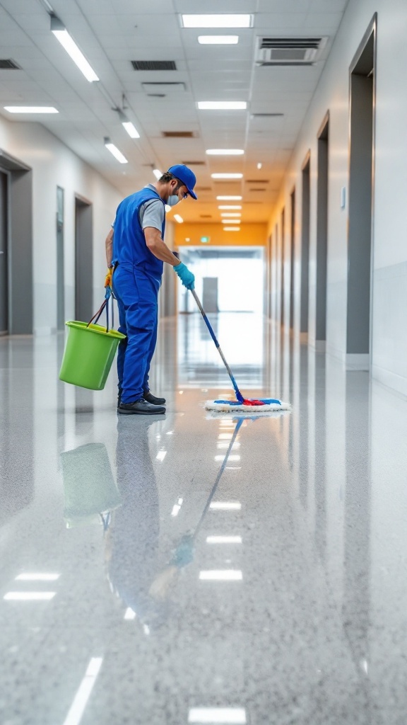 A person mopping a shiny floor in a hallway.