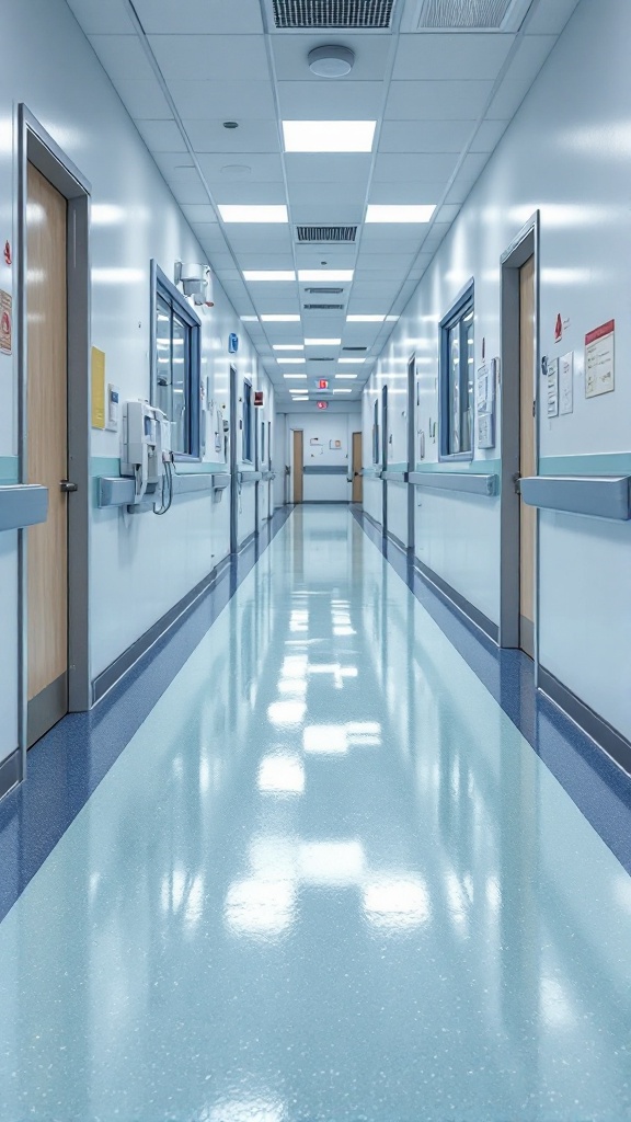 A clean and well-lit hospital corridor with smooth floors and doors