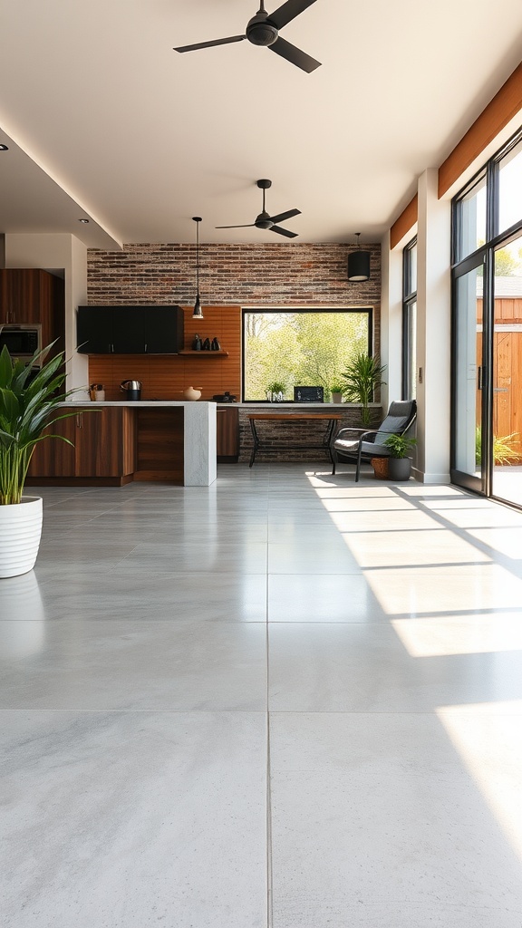 A modern interior with polished concrete floors, wooden accents, and large windows.