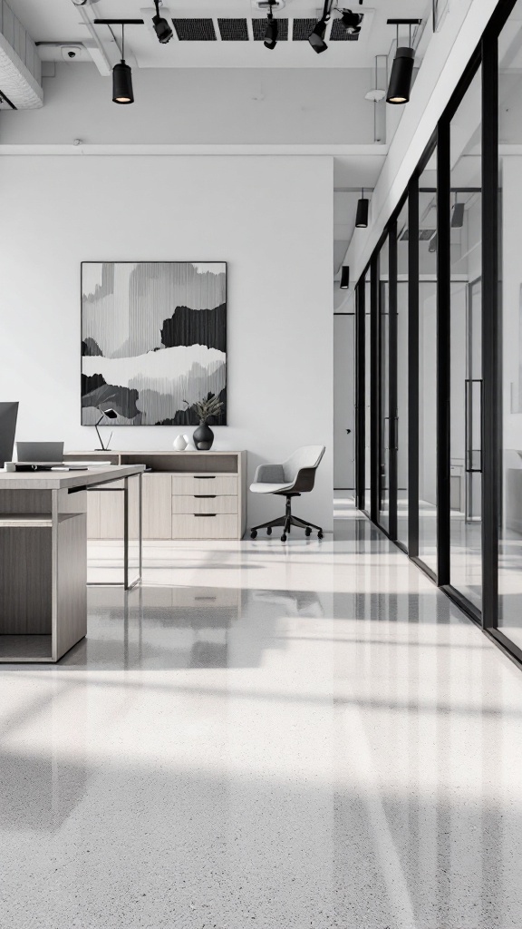 A modern office space with seamless epoxy flooring, featuring minimalistic furniture and large glass panels.
