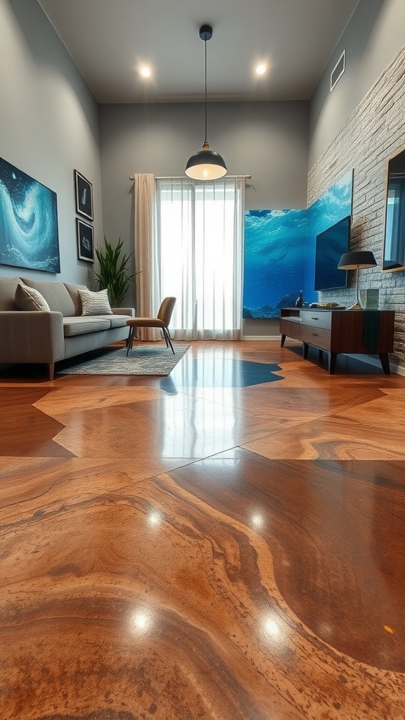 Stylish living room with a seamless metallic epoxy floor showcasing natural patterns.