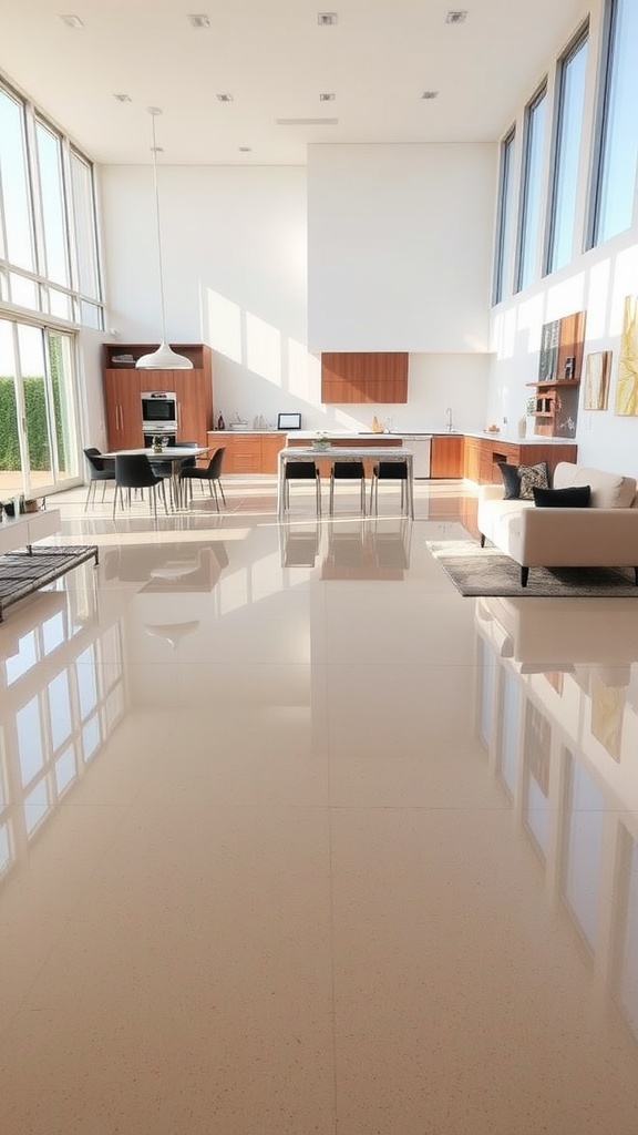 Modern living room with seamless epoxy flooring and natural light