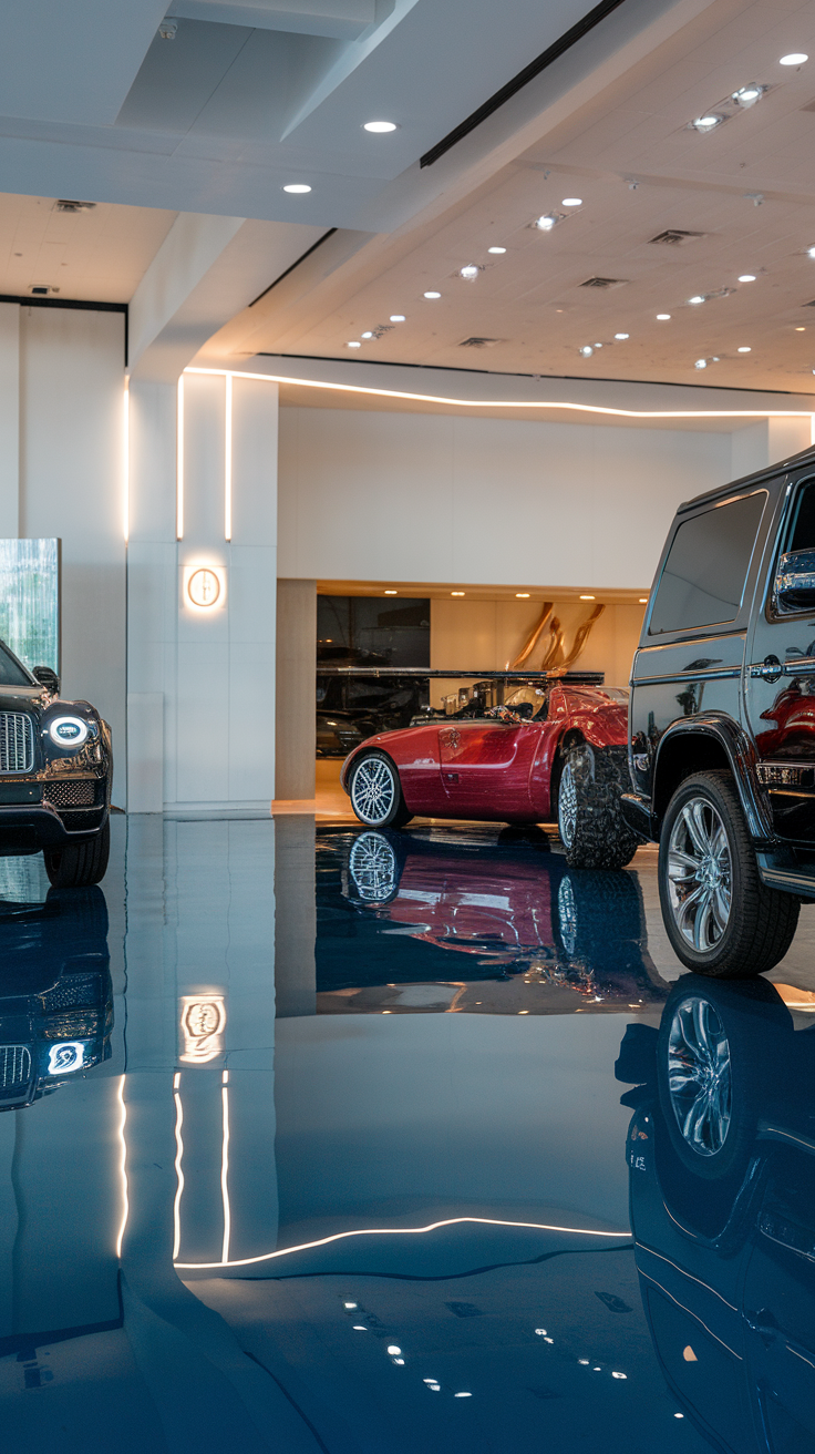 A luxurious showroom featuring seamless epoxy flooring with high-end vehicles on display.