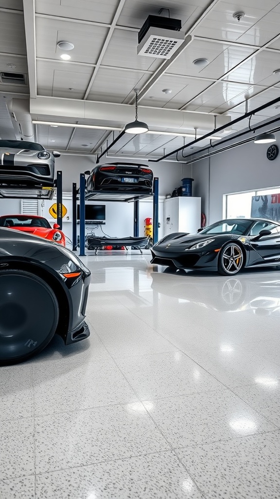 A modern garage interior featuring luxury cars and a seamless epoxy floor.