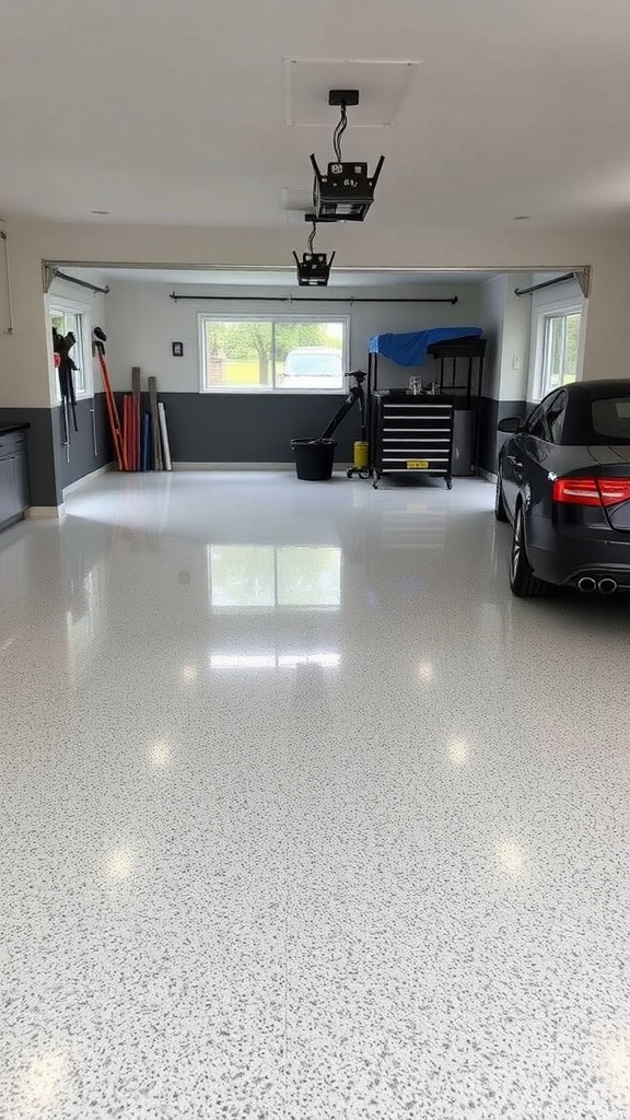 A garage with a black and white checkered epoxy floor, showcasing a vehicle parked inside.