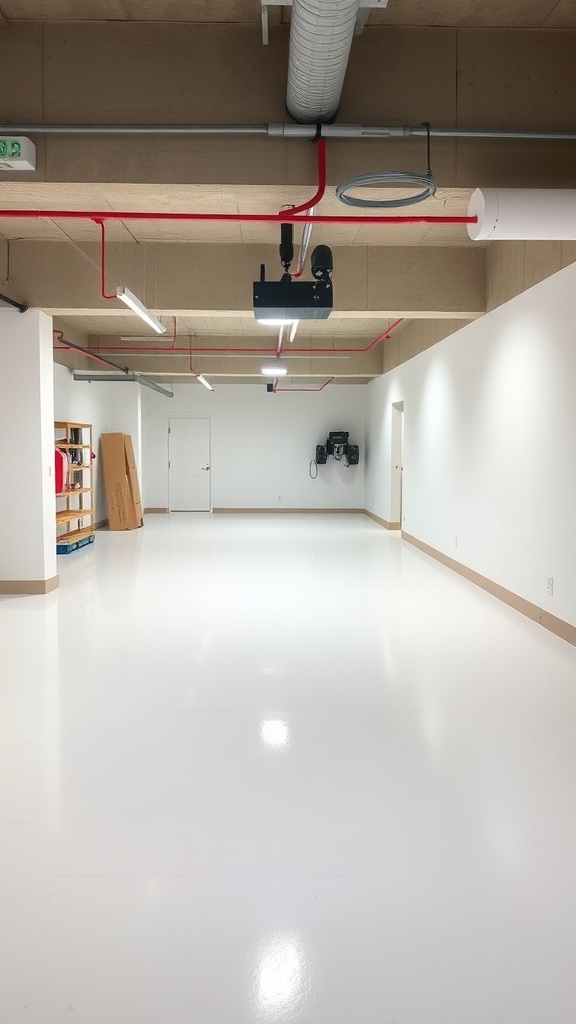 A worker applying light gray epoxy floor in a garage.