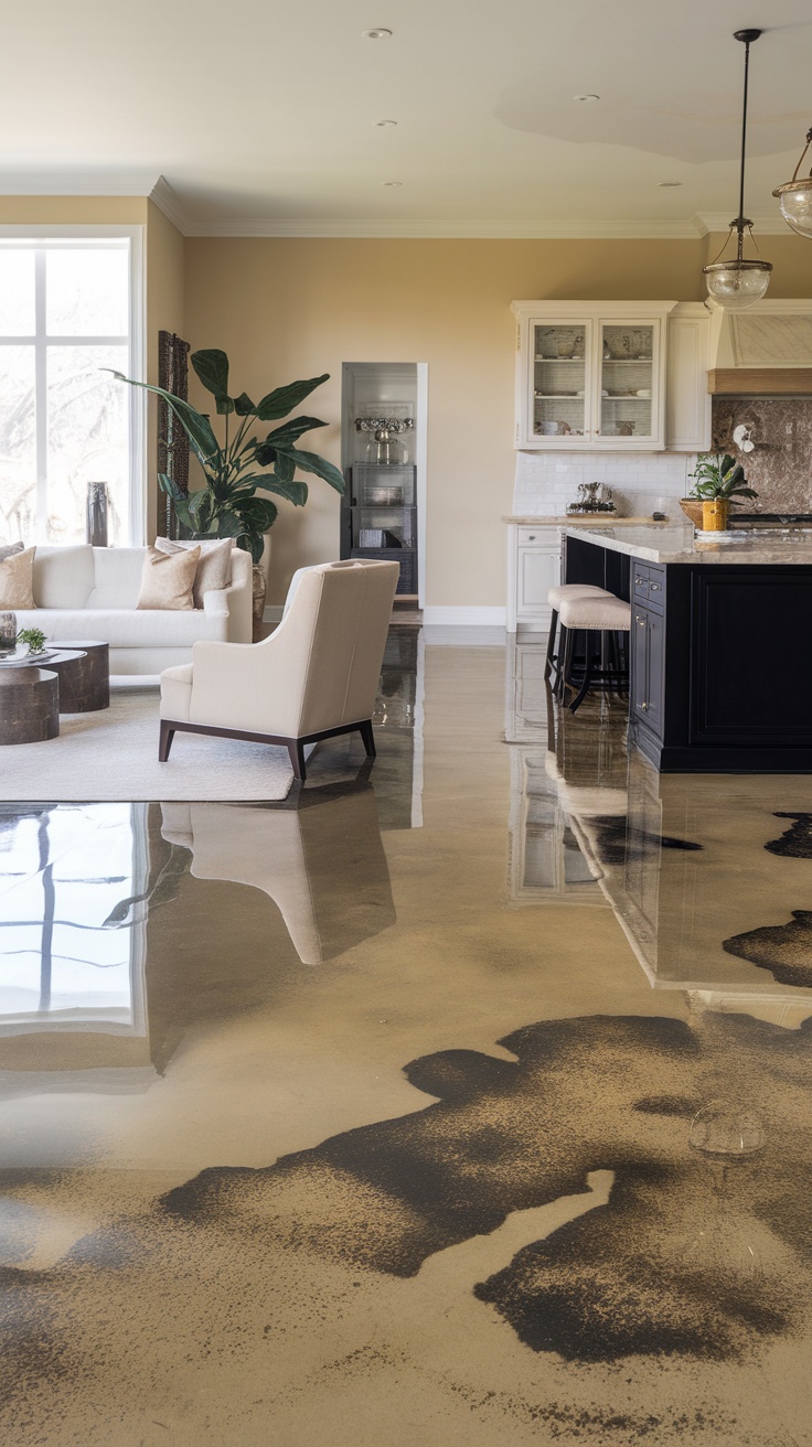 A seamless epoxy floor in a modern open space with a living area and kitchen, showcasing a sleek, shiny surface.