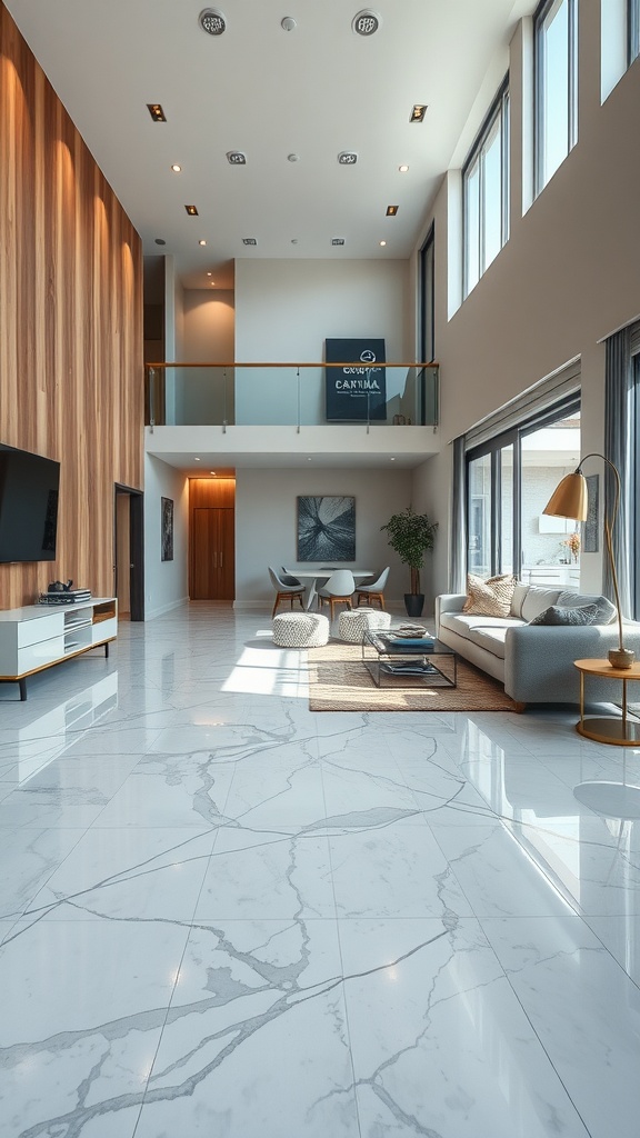 A modern living area featuring seamless epoxy floors with a marble-like finish, large windows, and contemporary furniture.