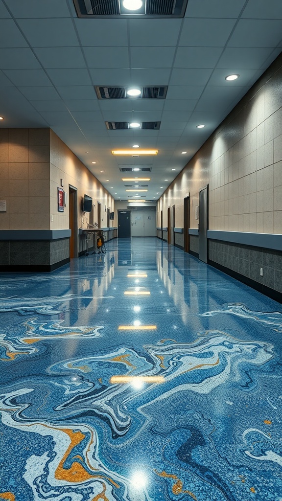 A hospital corridor with seamless blue and orange epoxy flooring.