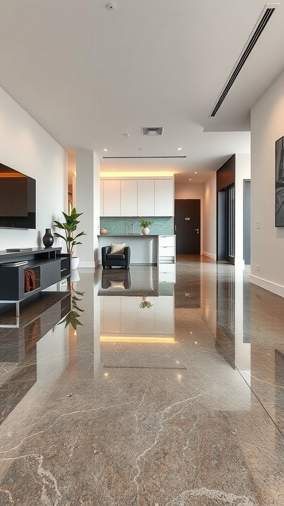 A modern interior featuring shiny seamless epoxy flooring with clean lines and a sleek design.