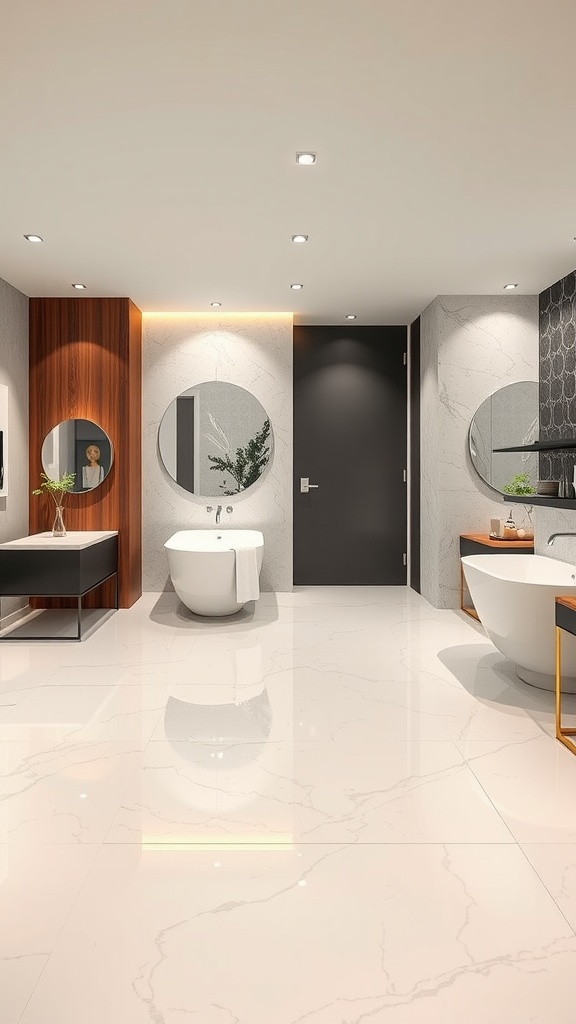 Modern bathroom with light grey marble epoxy floor and stylish fixtures
