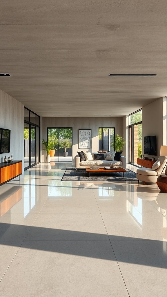 Modern living room featuring sleek polished concrete flooring and bright natural light.