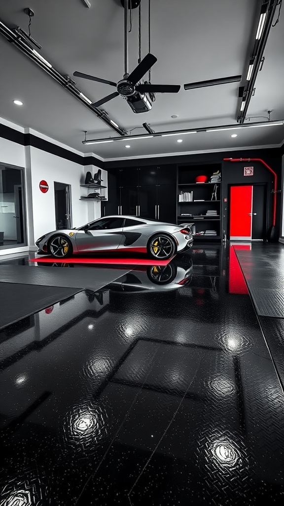 A sleek modern garage featuring a high-gloss black epoxy floor with a luxury sports car parked on it.