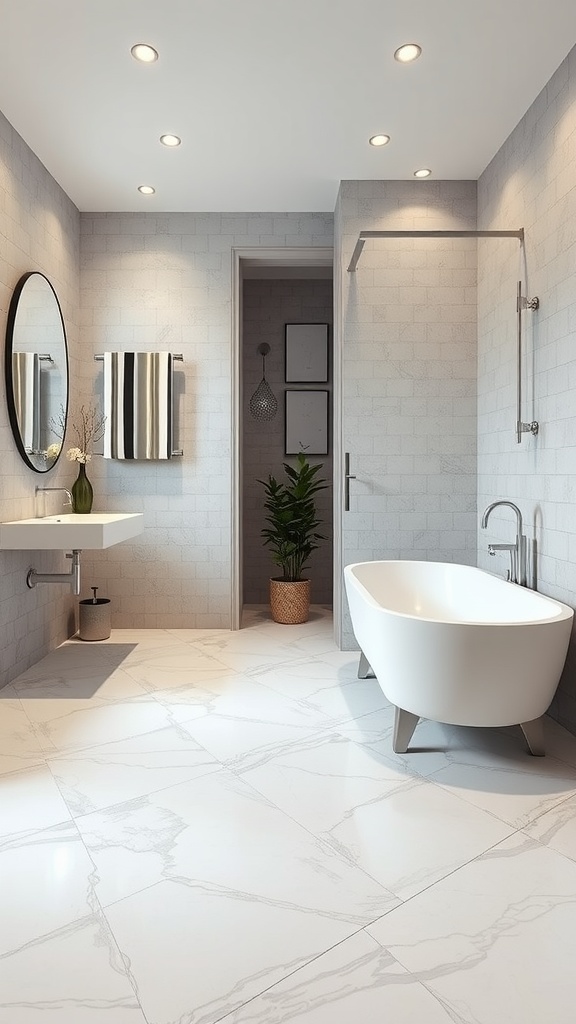 Modern bathroom with epoxy floor, white tub, and gray walls