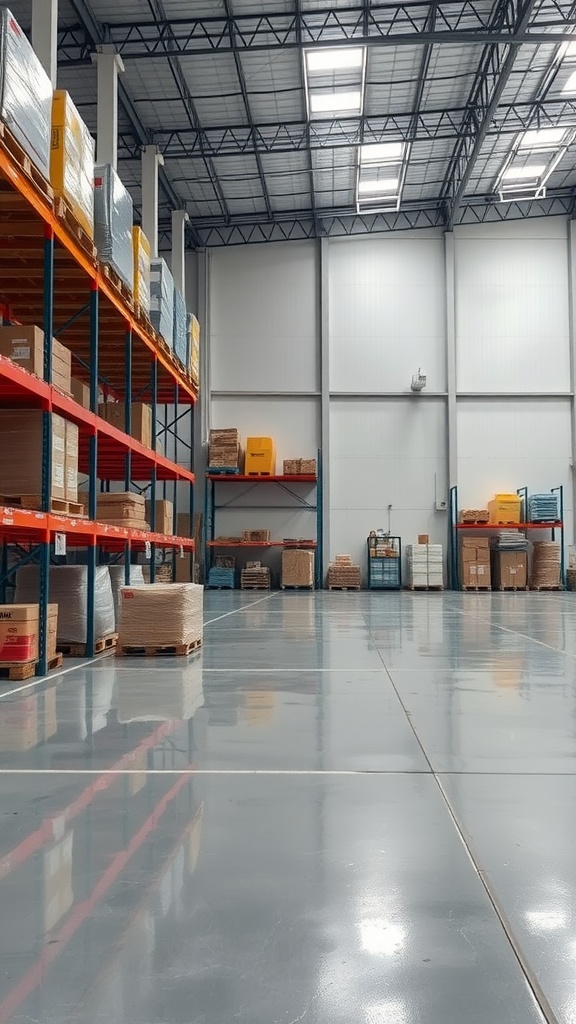 A spacious warehouse with a shiny seamless epoxy floor and organized shelving filled with boxes.