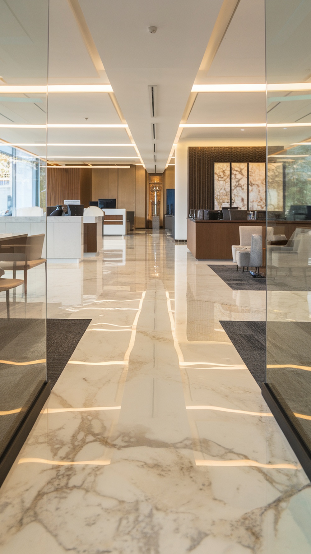 A modern interior with seamless epoxy flooring that resembles marble.