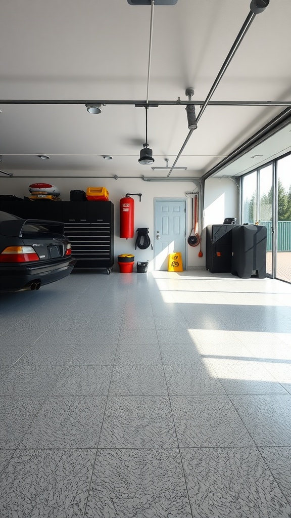 A spacious garage showcasing a smooth, seamlessly designed epoxy floor with a modern aesthetic.