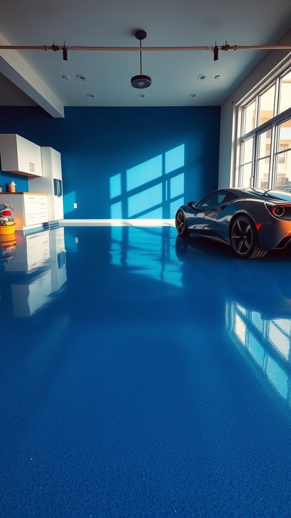 A modern garage with a glossy dark blue epoxy floor and a sleek car.