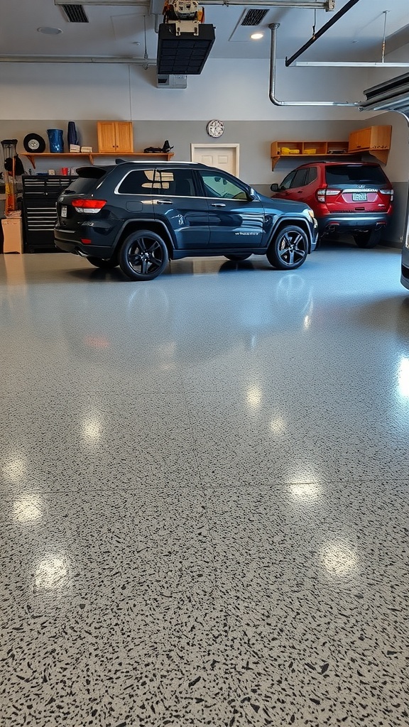 A speckled epoxy garage floor with two cars parked, showcasing a clean and modern garage space.