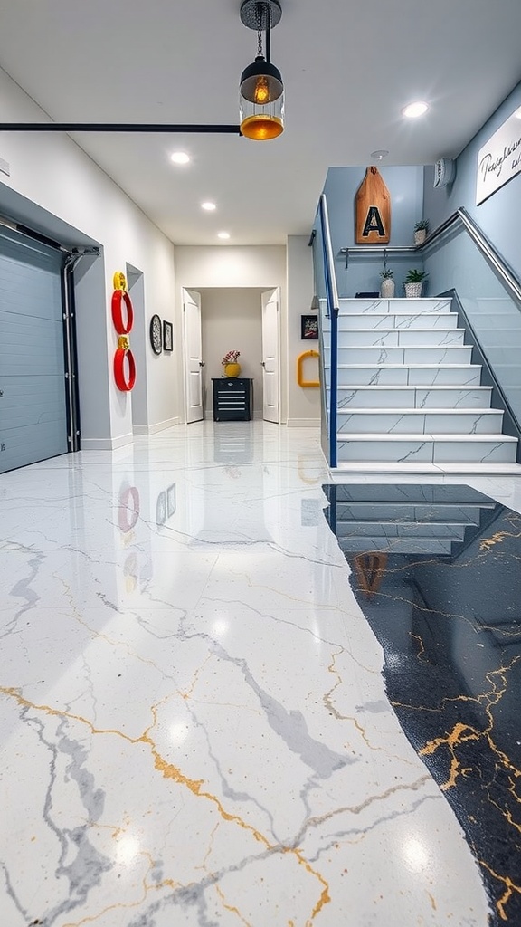 Seamless transition between epoxy floor in a garage and stairs featuring white and gold marble design.