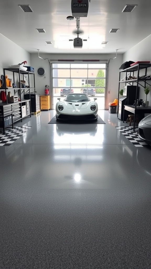 A well-organized garage showcasing a shiny epoxy floor and a stylish car.
