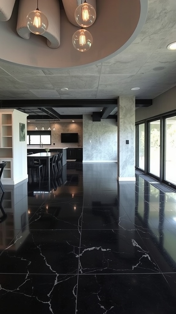 Modern basement interior featuring a black epoxy floor and stylish lighting.