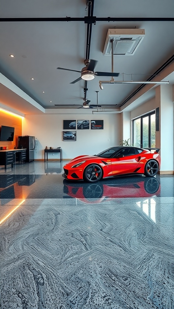 A luxury garage featuring a red sports car on a polished epoxy floor, with large windows allowing natural light in.
