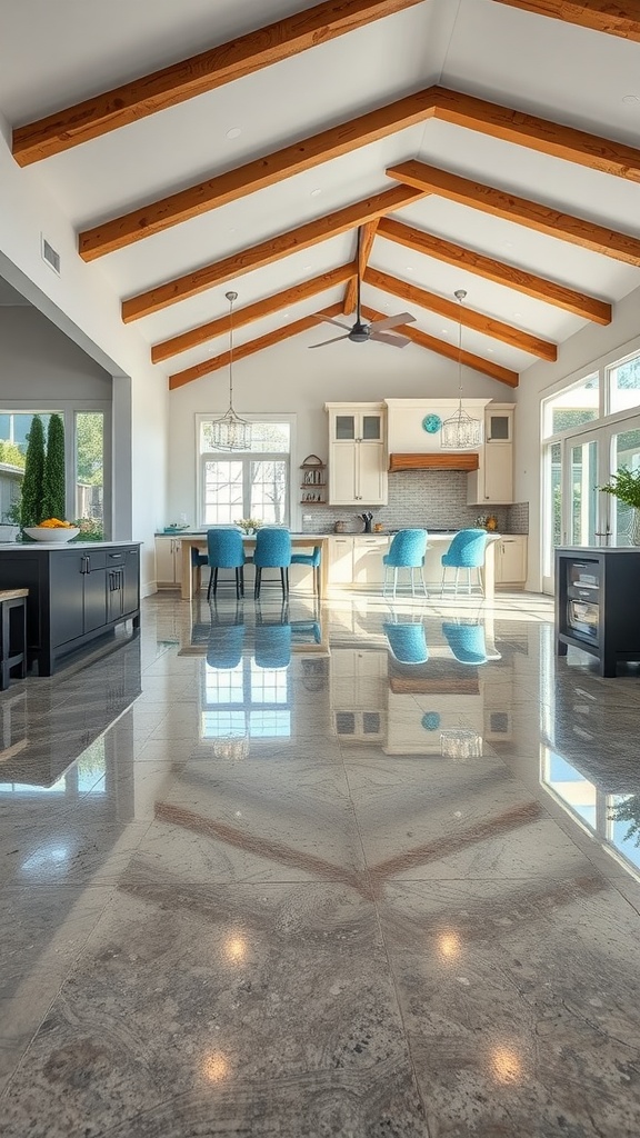 Interior view of a kitchen with polished epoxy floor and wooden beams.