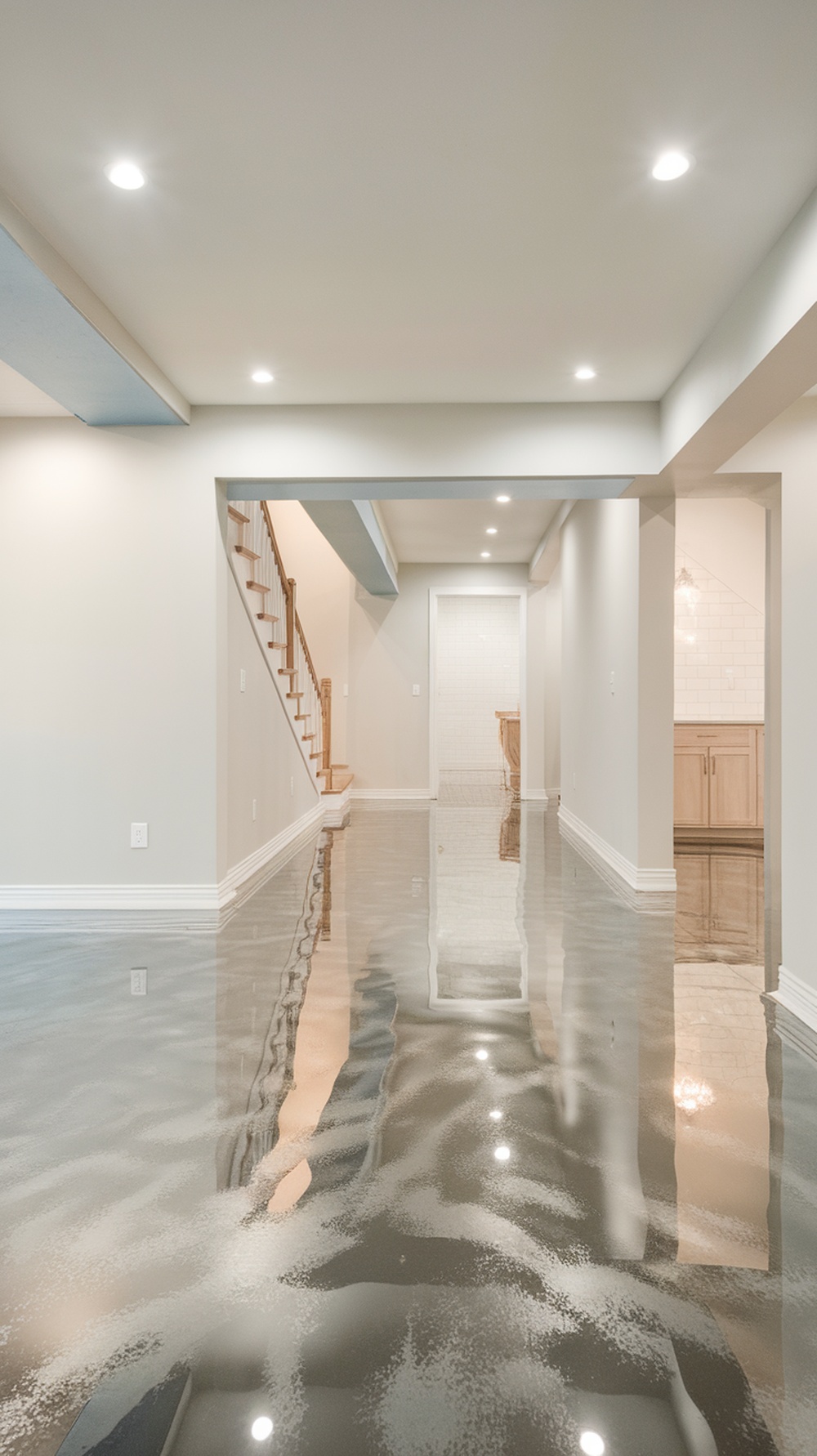 A modern basement with a glossy epoxy floor, showcasing a seamless transition from garage to living space.