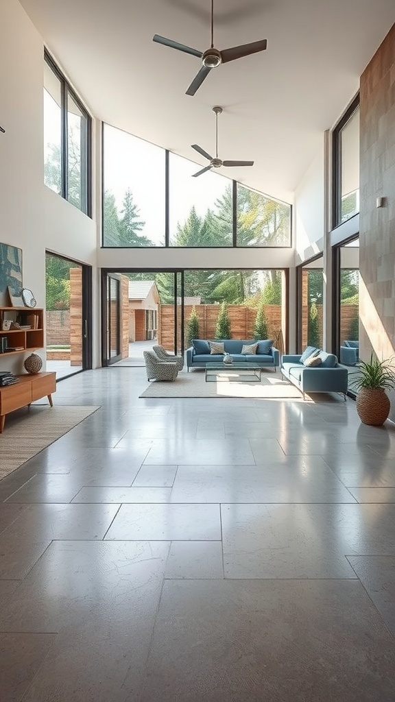 A modern living room with large windows showcasing seamless indoor-outdoor flow and cement flooring.