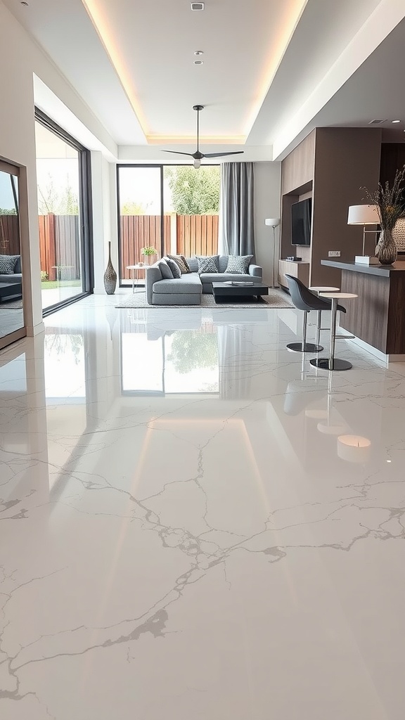 A modern living room with white and grey epoxy flooring, large windows, and a seamless indoor-outdoor flow.