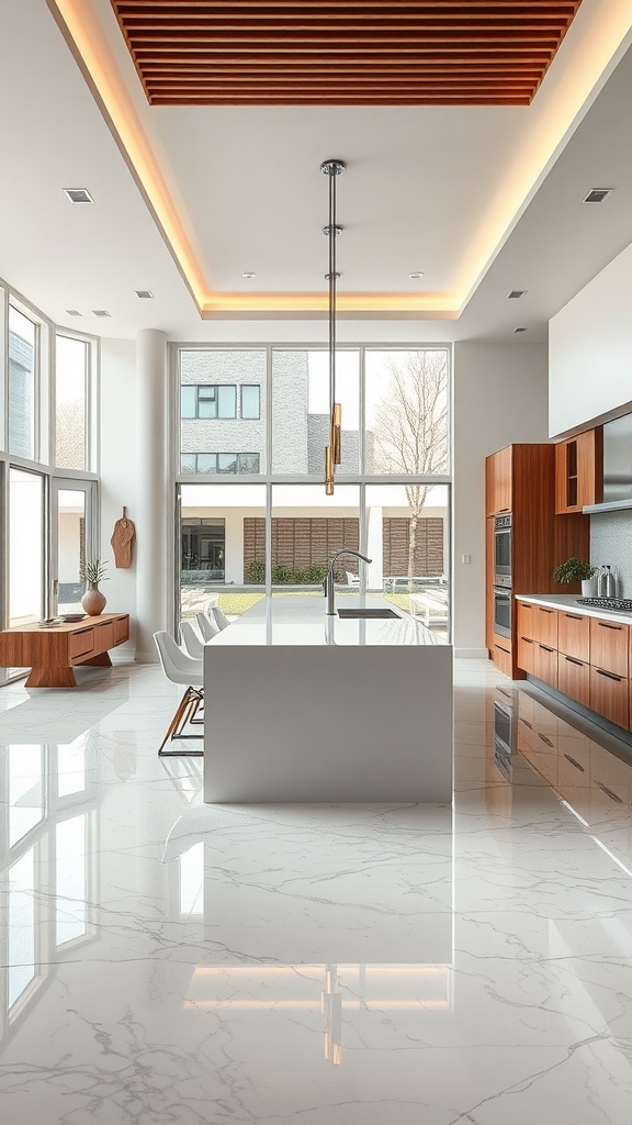 A modern kitchen with an epoxy floor, large windows, and stylish decor