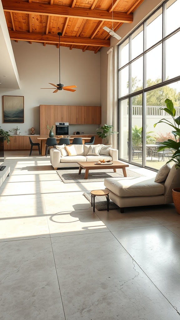 Interior living space with polished concrete floors and large windows for natural light.