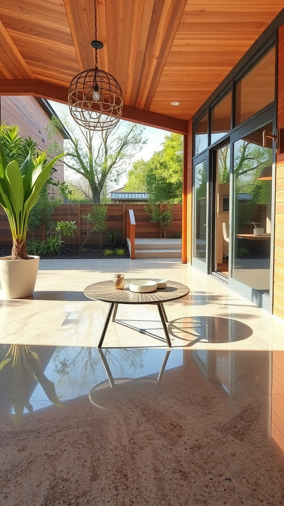 A bright and airy indoor space with large glass doors leading to a landscaped outdoor area.