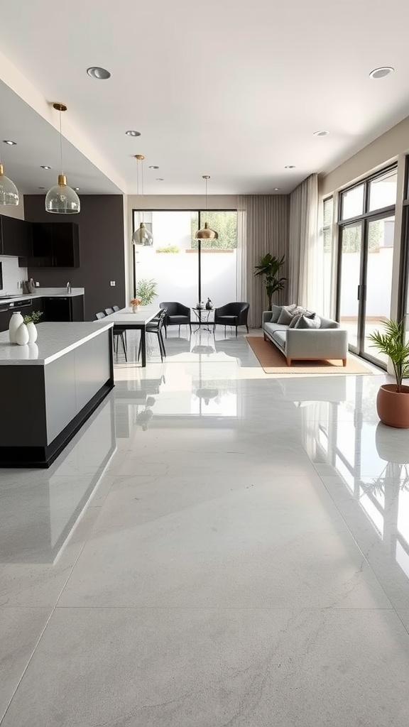Modern living space with polished concrete epoxy flooring, seamless transition to outdoor area
