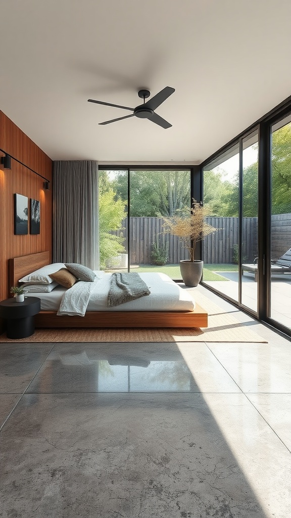 A modern bedroom featuring epoxy concrete flooring, large windows, and a seamless transition to the outdoors.