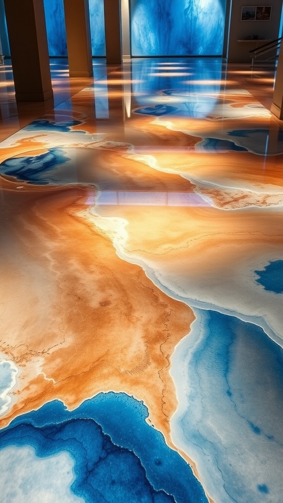 An elegant indoor space featuring a glossy epoxy floor design that mimics the look of flowing water, transitioning seamlessly to the outdoors.