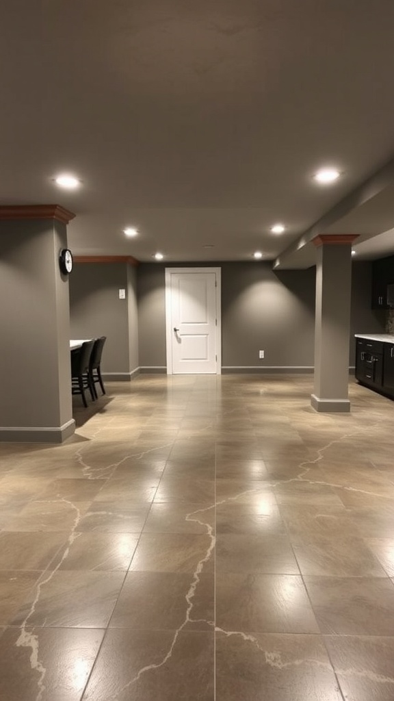 A spacious basement with a smooth epoxy floor, showcasing its seamless installation and clean appearance.
