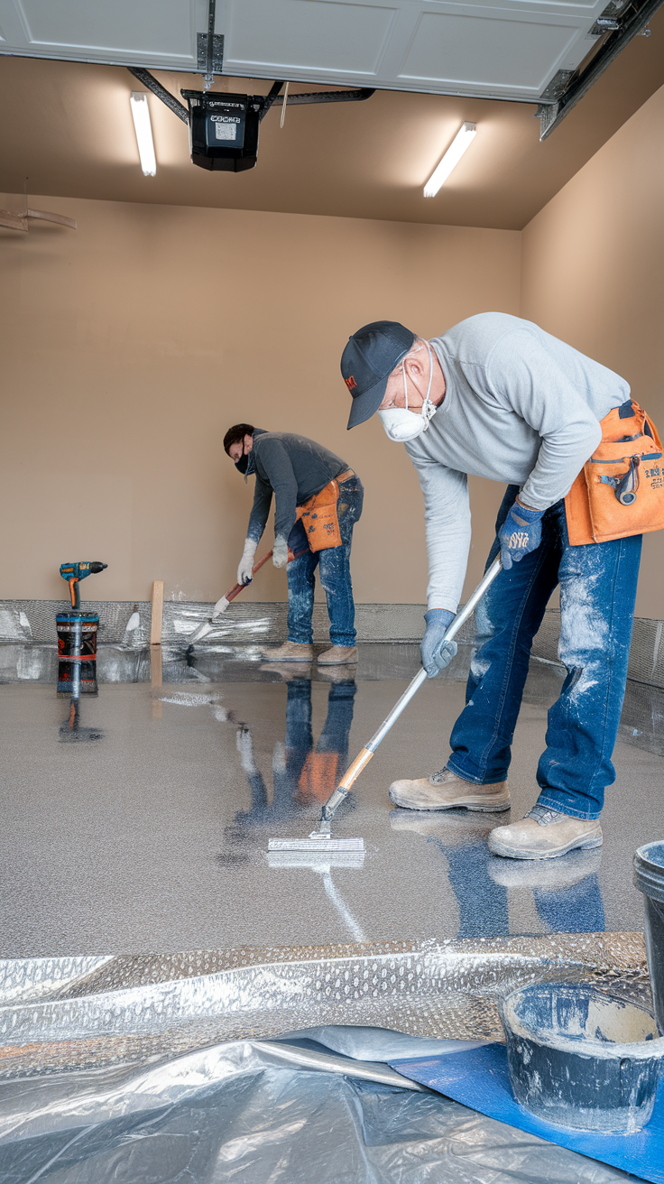 Two workers applying epoxy to a garage floor
