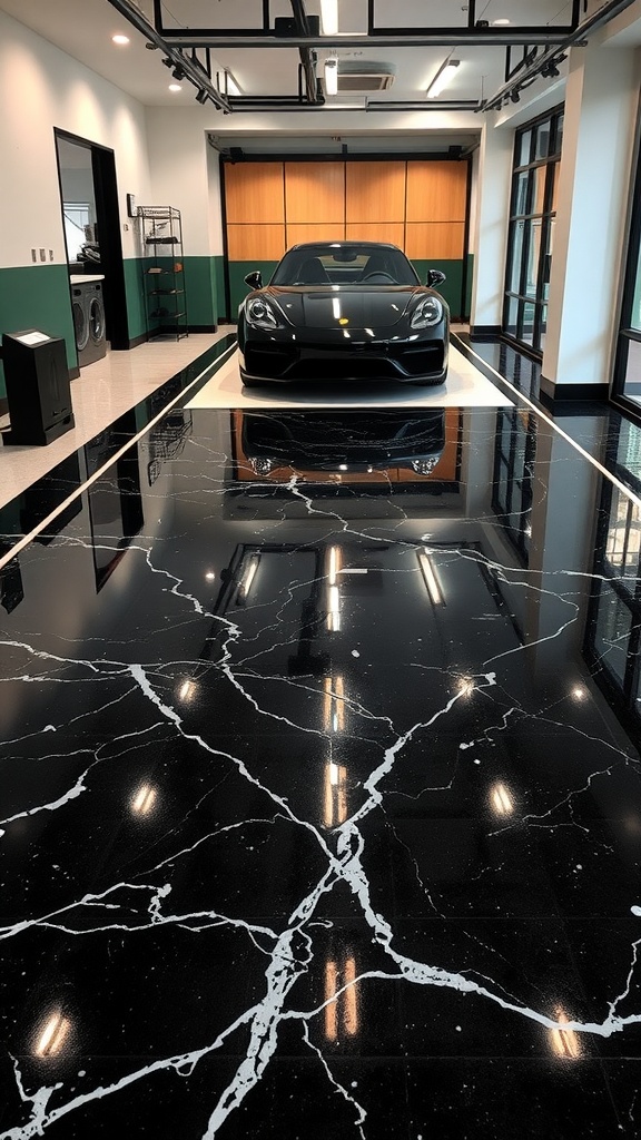 A modern garage interior featuring a shiny black marble epoxy floor with white veining, reflecting light and showcasing a sleek black car.