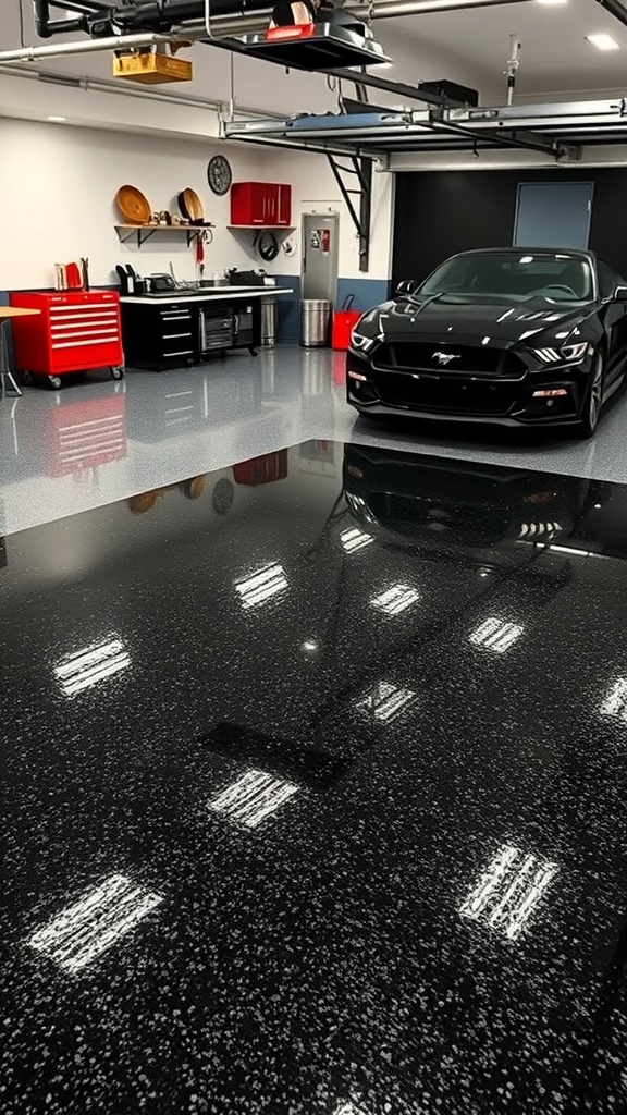 Shiny black epoxy garage floor with specks, modern vehicle, and workshop area.
