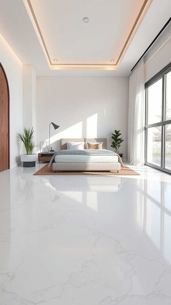 Bright bedroom featuring seamless epoxy floor that resembles marble.