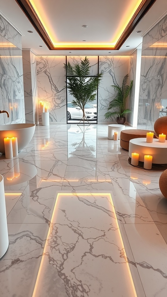 Luxurious spa-like interior with heated marble epoxy floors and soft lighting