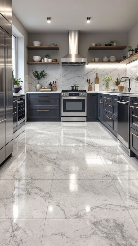 Modern kitchen with polished marble-like flooring and sleek cabinetry